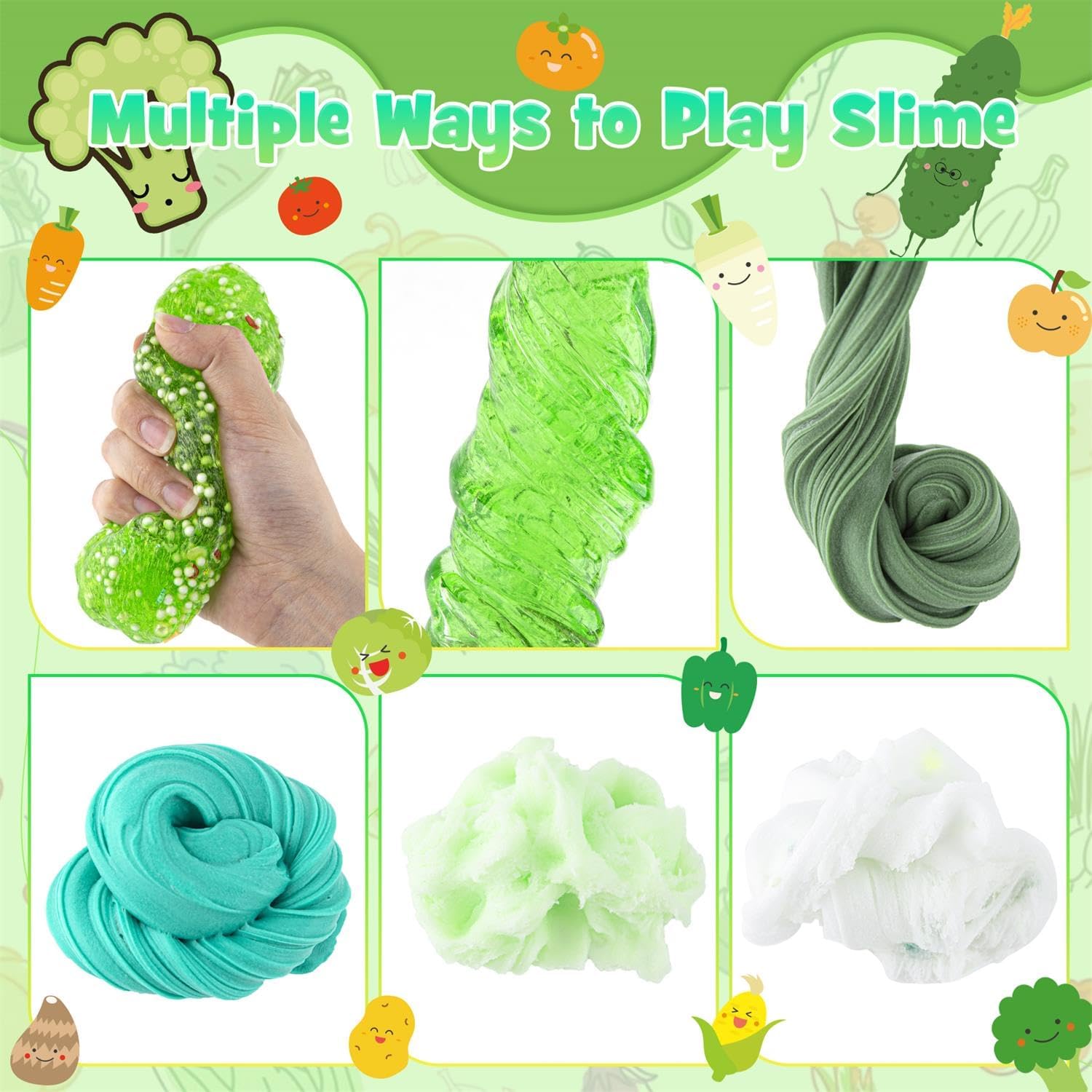 Kit de 6 slimes verts dégradés, nuage, beurre et cristaux transparents, 360 ml, sans danger, non collants, de 4 à 12 ans